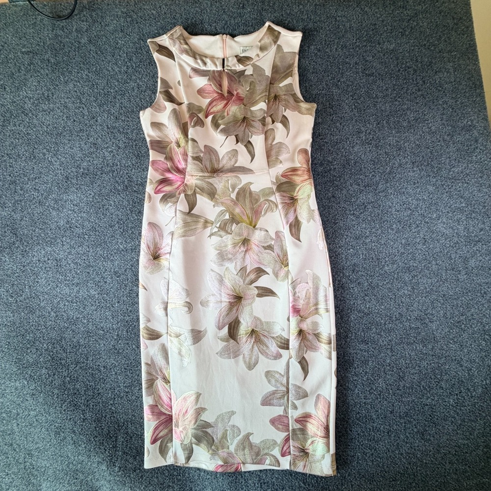 En Focus Studio Sheath Dress Womens 4 Pink Floral Stretch Front Keyhole Back Zip